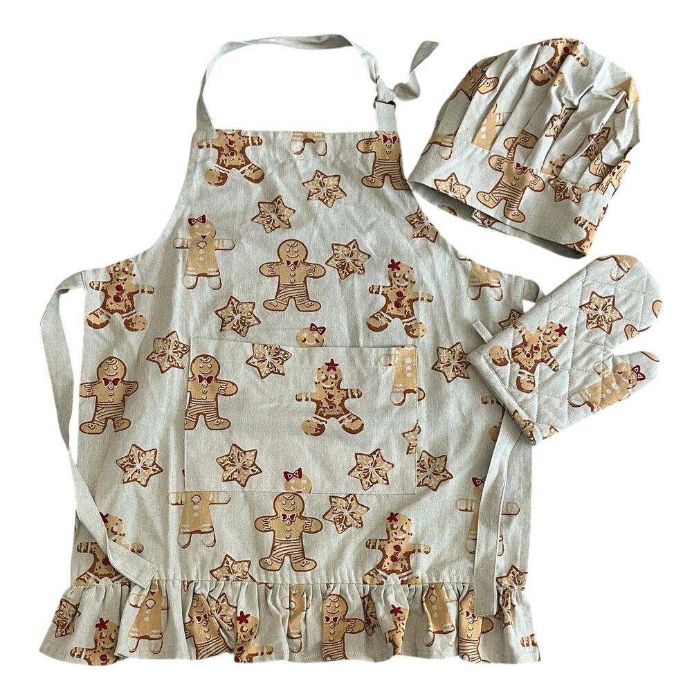 Creative Co-Op Kids Christmas Gingerbread Baking Apron Chef Hat Set